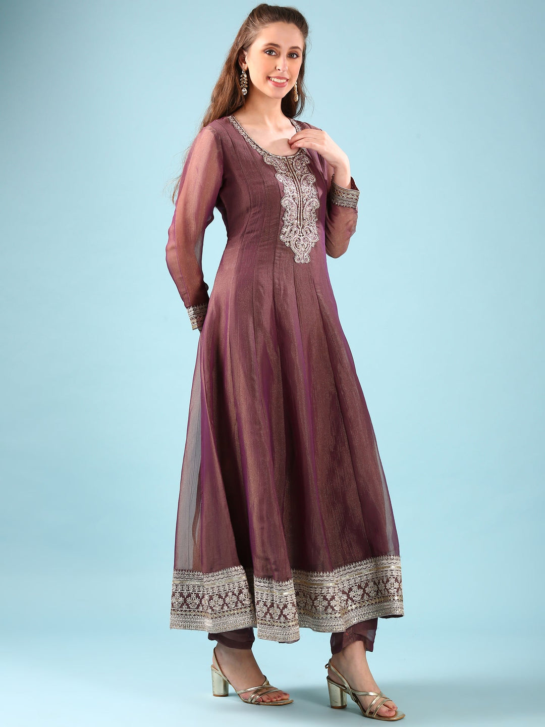 Neerus Maroon tissue Anarkali suit set - back view