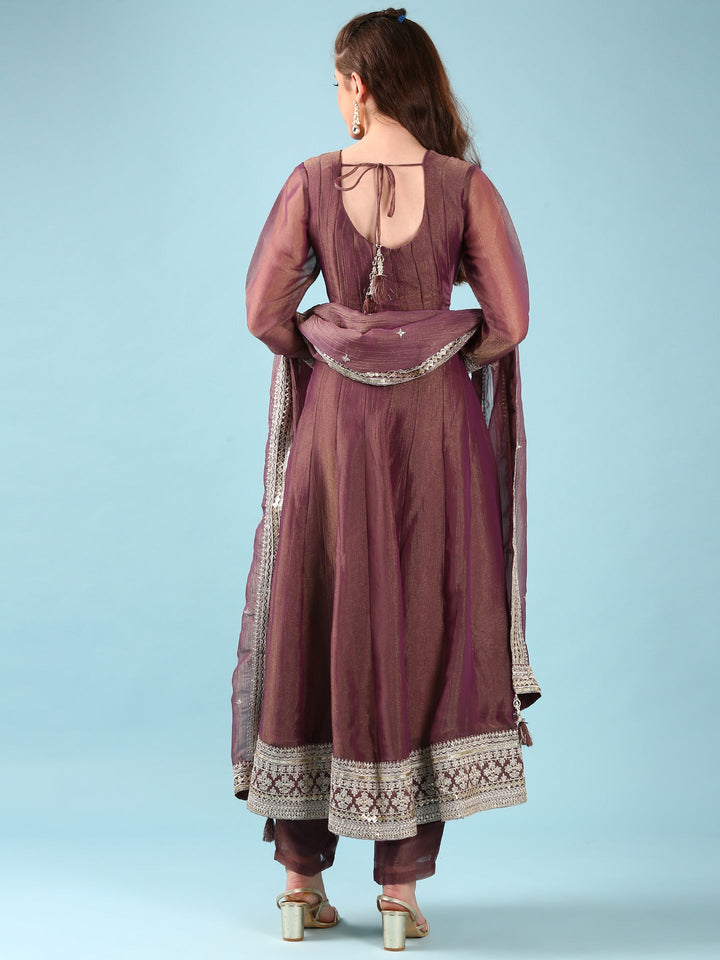 Neerus Maroon tissue Anarkali suit set - side view