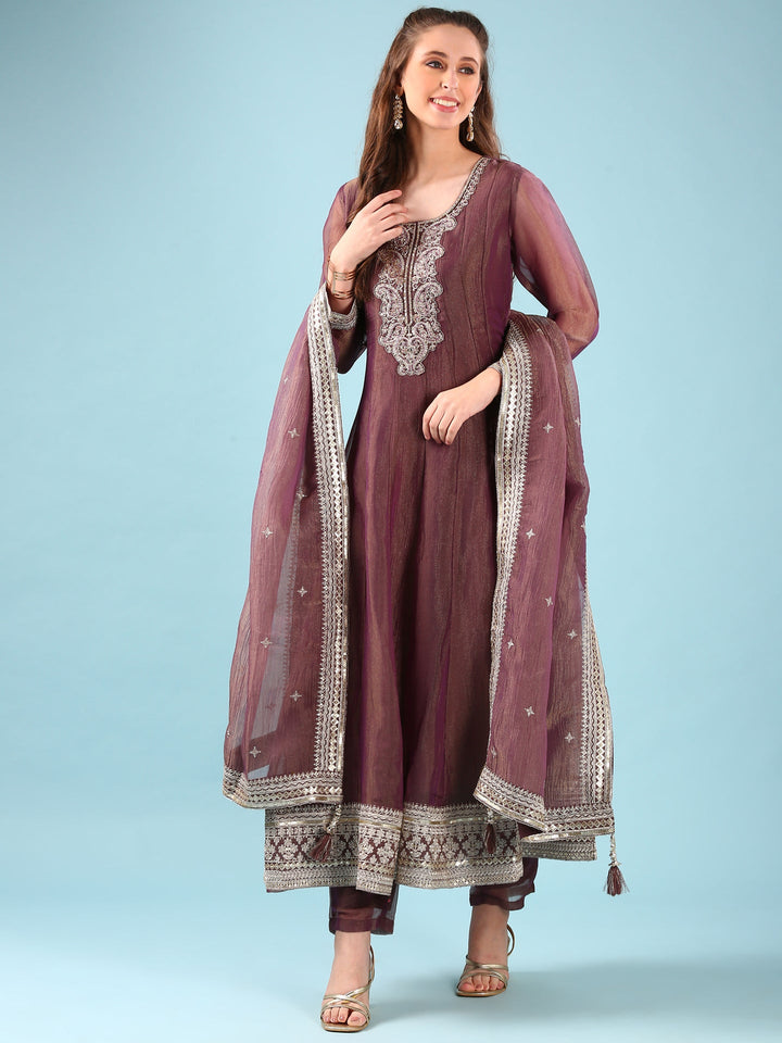 Neerus Maroon tissue Anarkali suit set - detail view 2