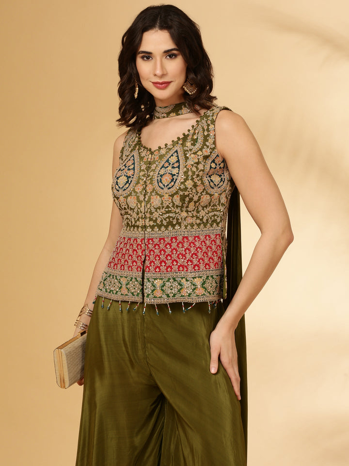Mehendi Green Chinnon Crop Top Palazzo Set