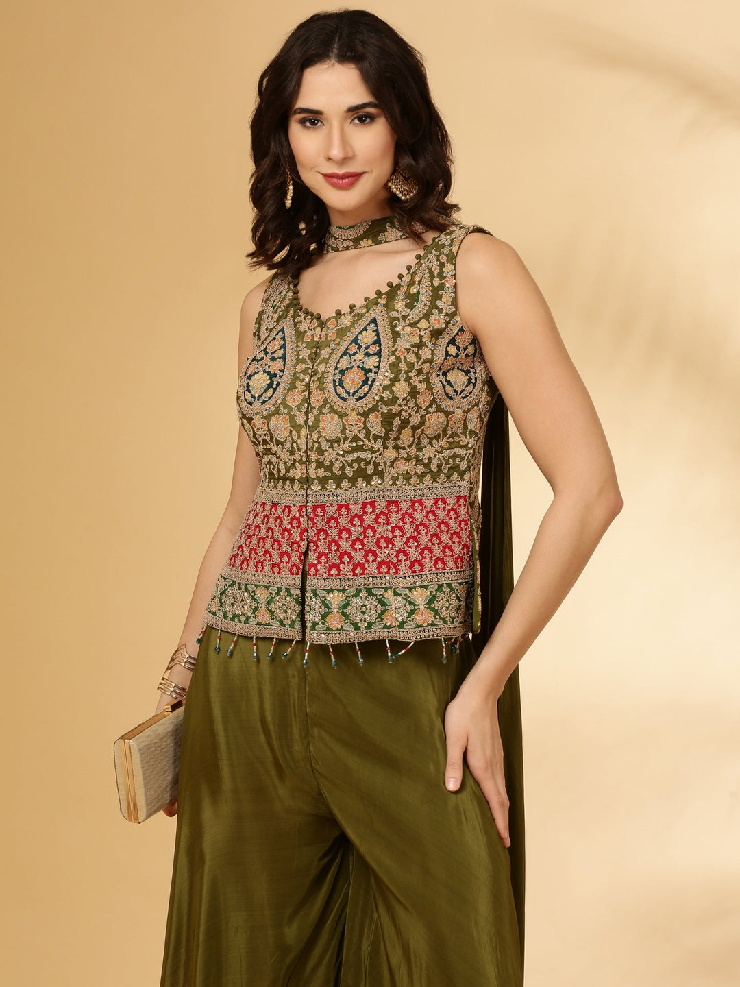 Neerus Green Chinon Crop Top Palazzo Set - detail view 3
