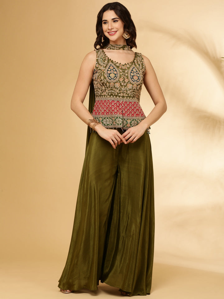 Mehendi Green Chinnon Crop Top Palazzo Set