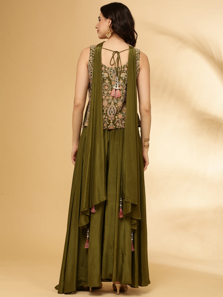 Mehendi Green Chinnon Crop Top Palazzo Set