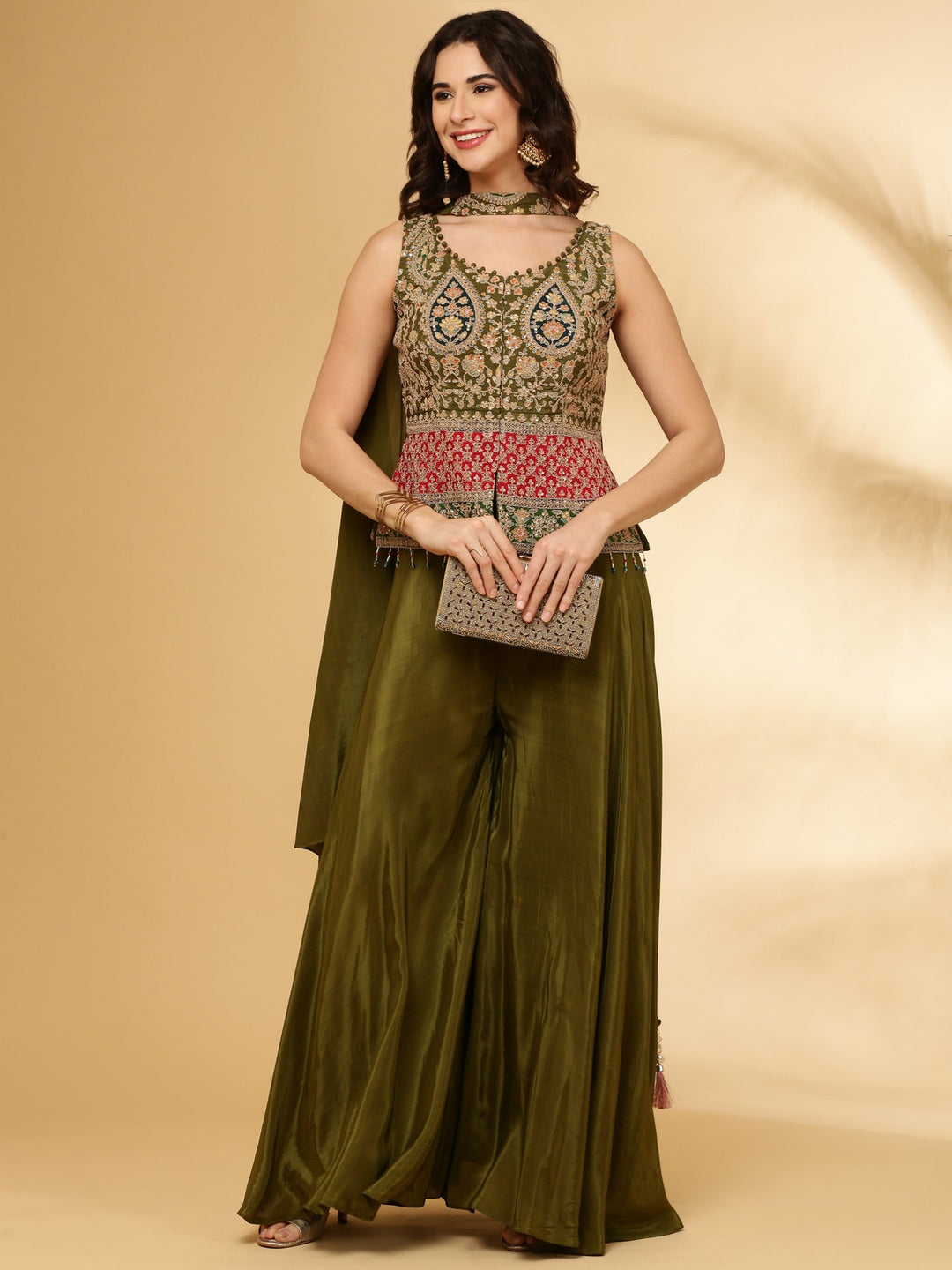 Neerus Green Chinon Crop Top Palazzo Set - front view