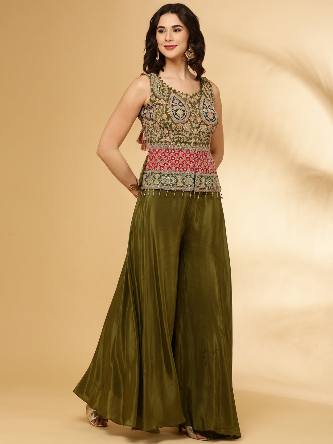 Neerus Green Chinon Crop Top Palazzo Set - detail view 1