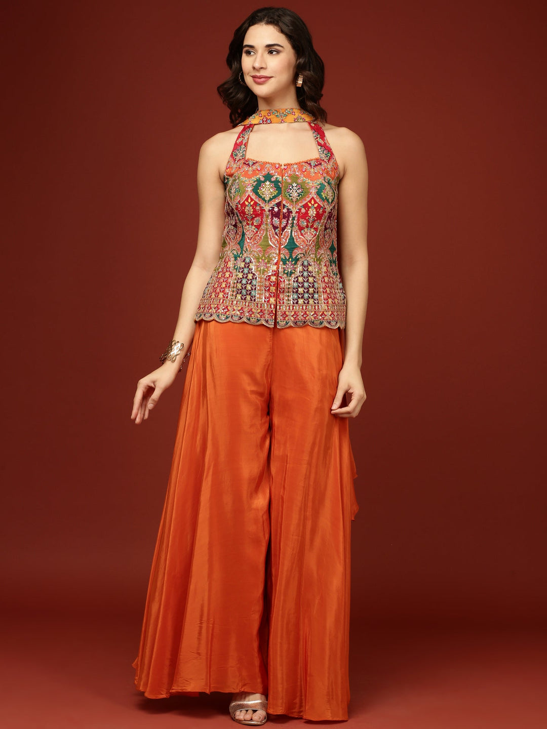 Neerus Orange chinon solid palazzo set - front view