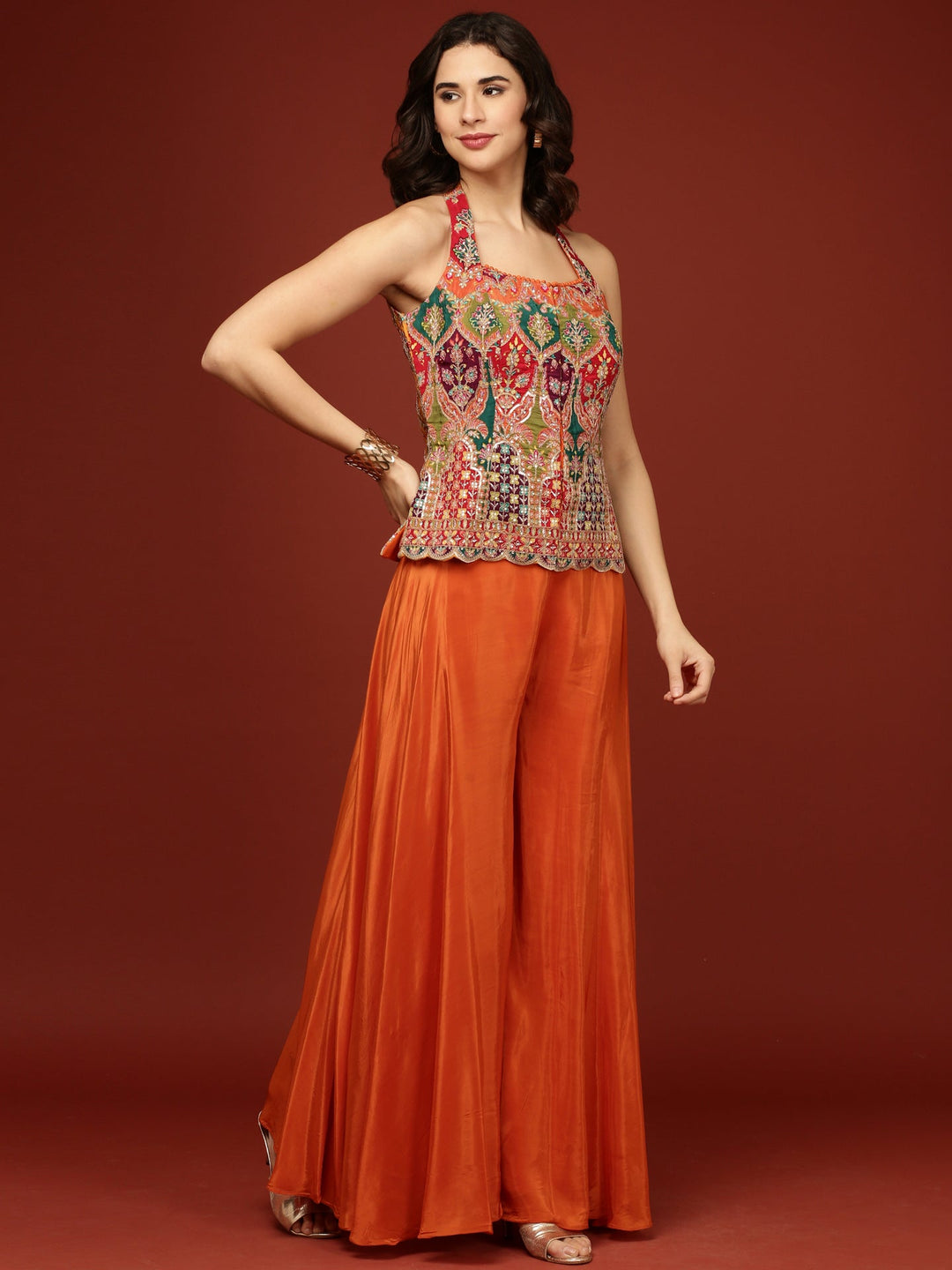 Neerus Orange chinon solid palazzo set - side view