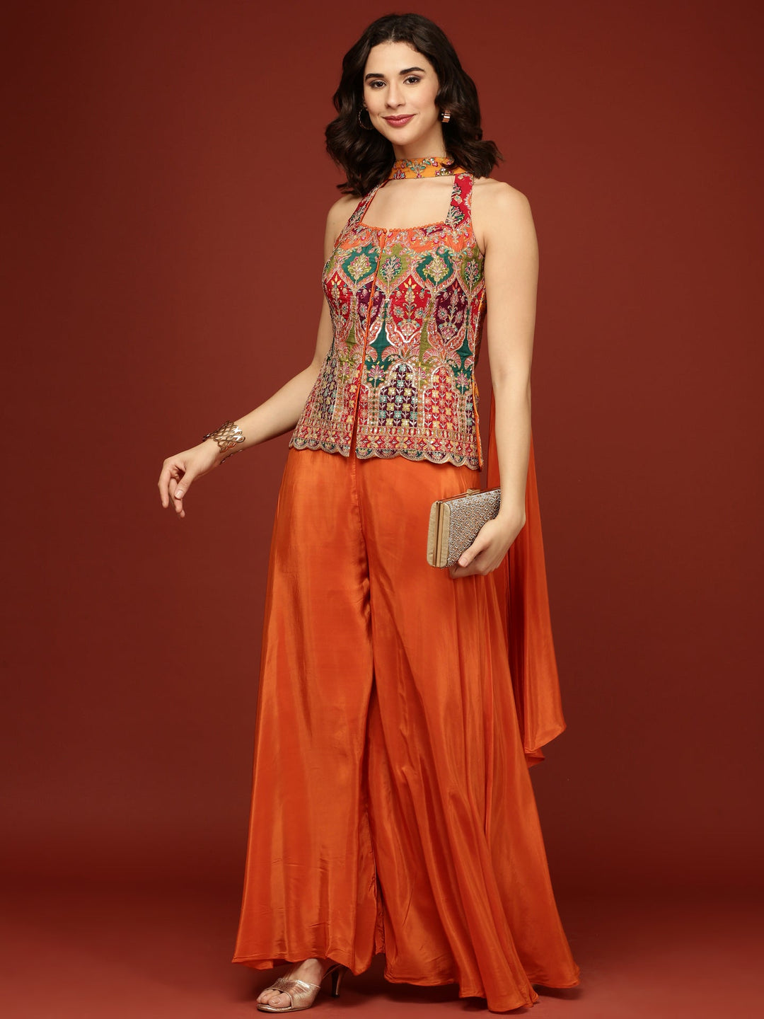 Neerus Orange chinon solid palazzo set - detail view 3