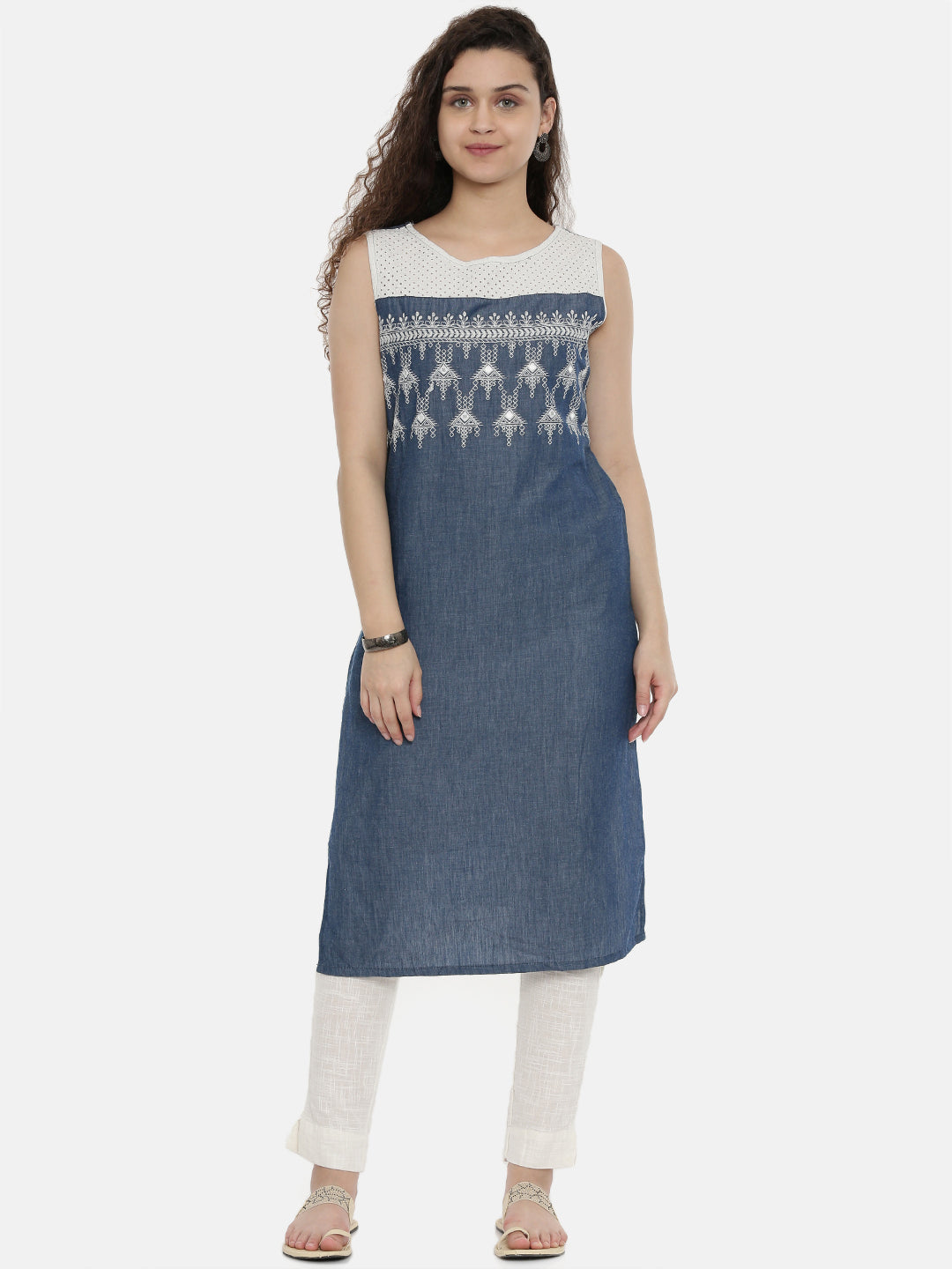 Neerus Blue cotton embroidered straight kurti - front view