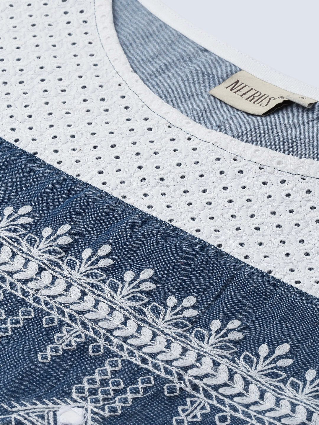 Neerus Blue cotton embroidered straight kurti - back view