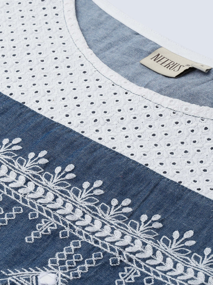 Neerus Blue cotton embroidered straight kurti - back view