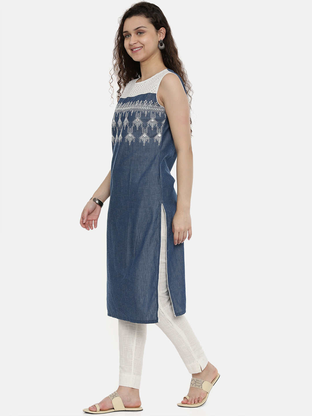 Neerus Blue cotton embroidered straight kurti - side view