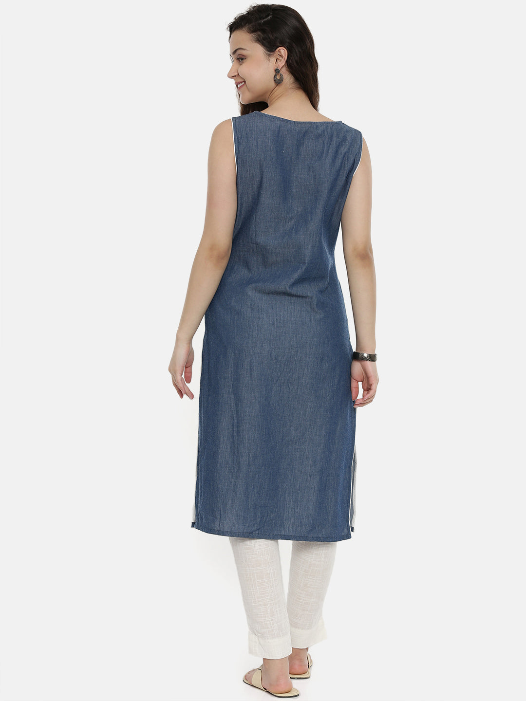 Neerus Blue cotton embroidered straight kurti - detail view 1
