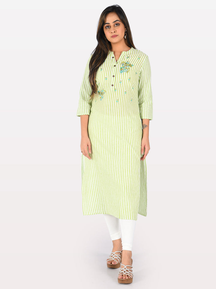 Neerus Green cotton embroidered straight kurta - detail view 3