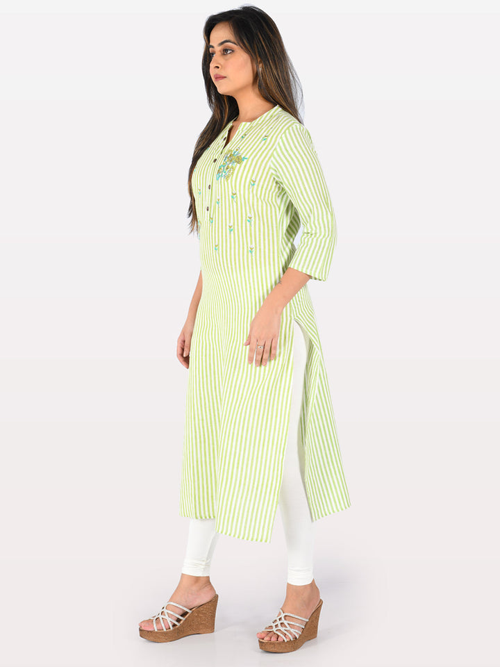 Neerus Green cotton embroidered straight kurta - side view