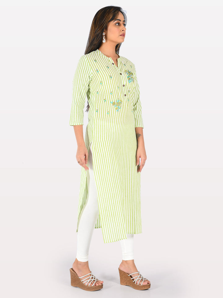 Neerus Green cotton embroidered straight kurta - detail view 1