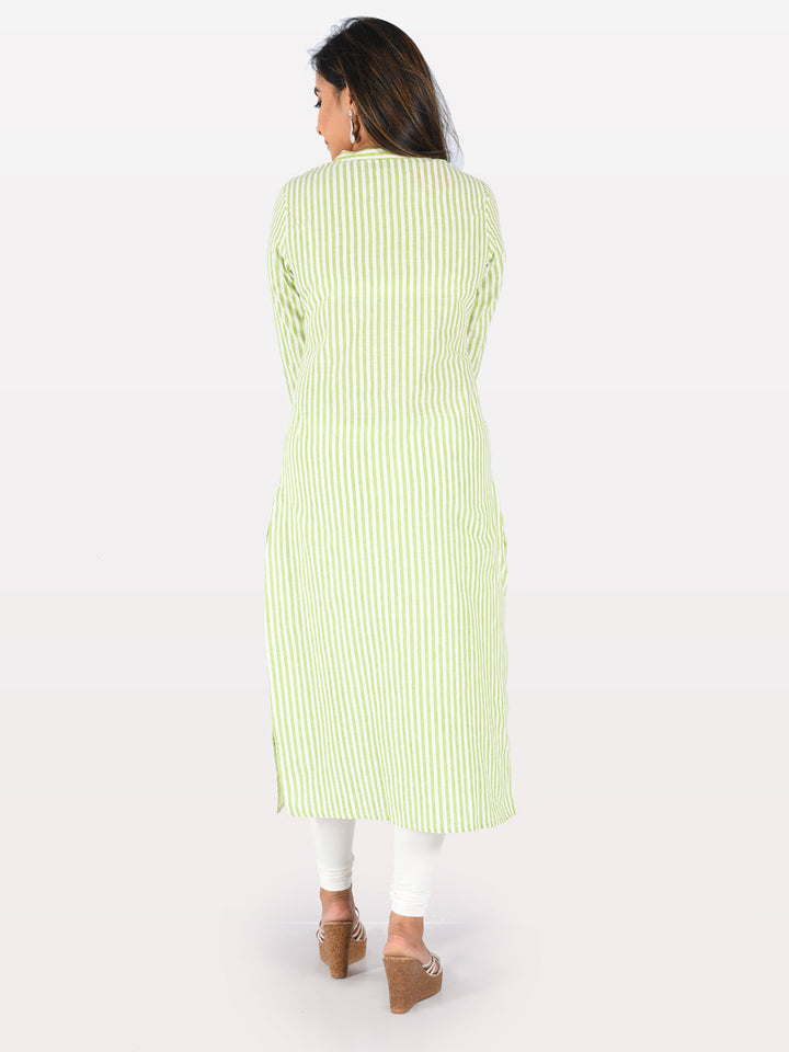 Neerus Green cotton embroidered straight kurta - detail view 2