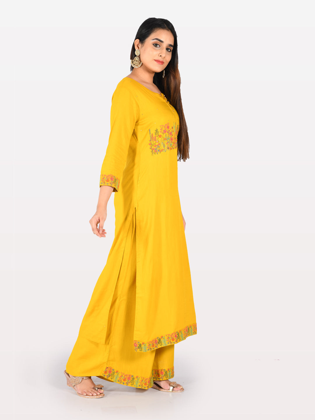Neerus Yellow Rayon Embellished Kurta - front view