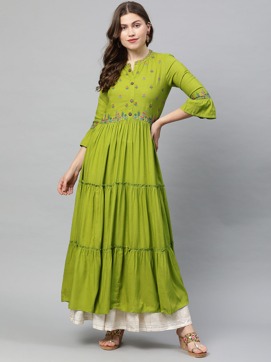 Neerus Green rayon woven A-line tiered kurta - front view