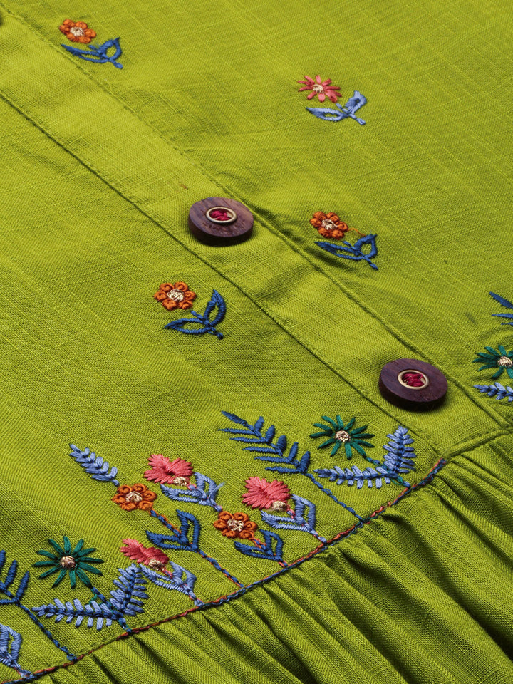 Neerus Green rayon woven A-line tiered kurta - back view