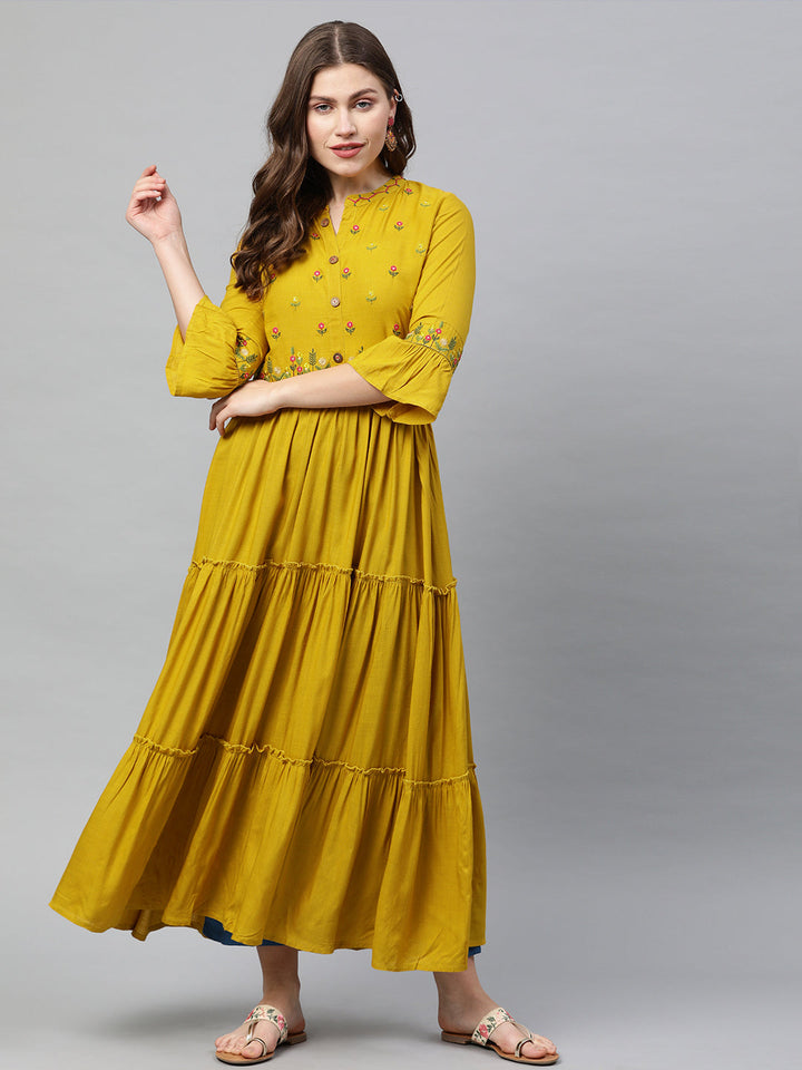 Neerus Yellow rayon embroidered A-line tiered kurta - front view