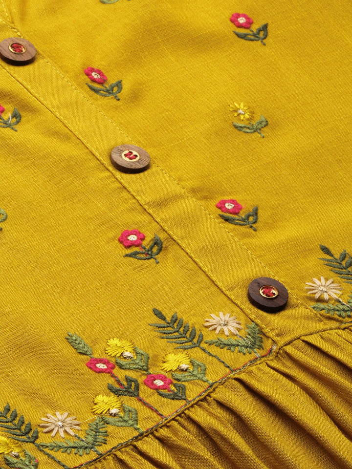 Neerus Yellow rayon embroidered A-line tiered kurta - back view
