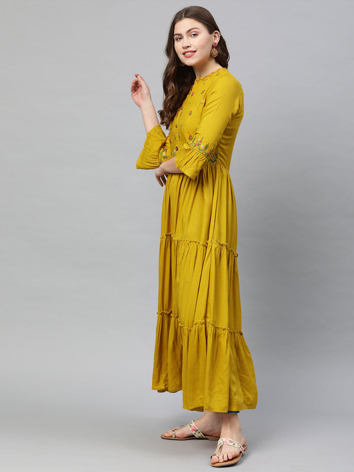 Neerus Yellow rayon embroidered A-line tiered kurta - side view