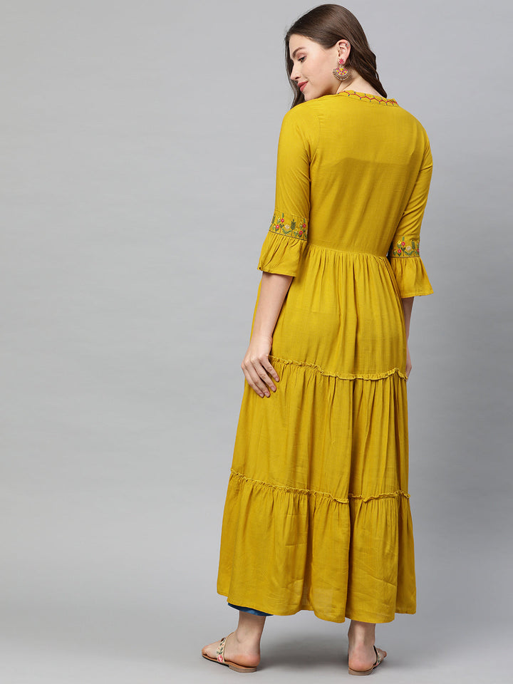 Neerus Yellow rayon embroidered A-line tiered kurta - detail view 1