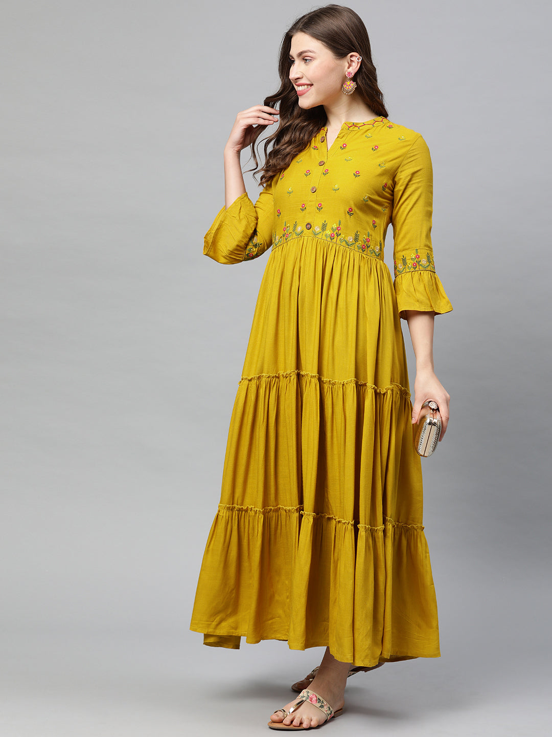 Neerus Yellow rayon embroidered A-line tiered kurta - detail view 2