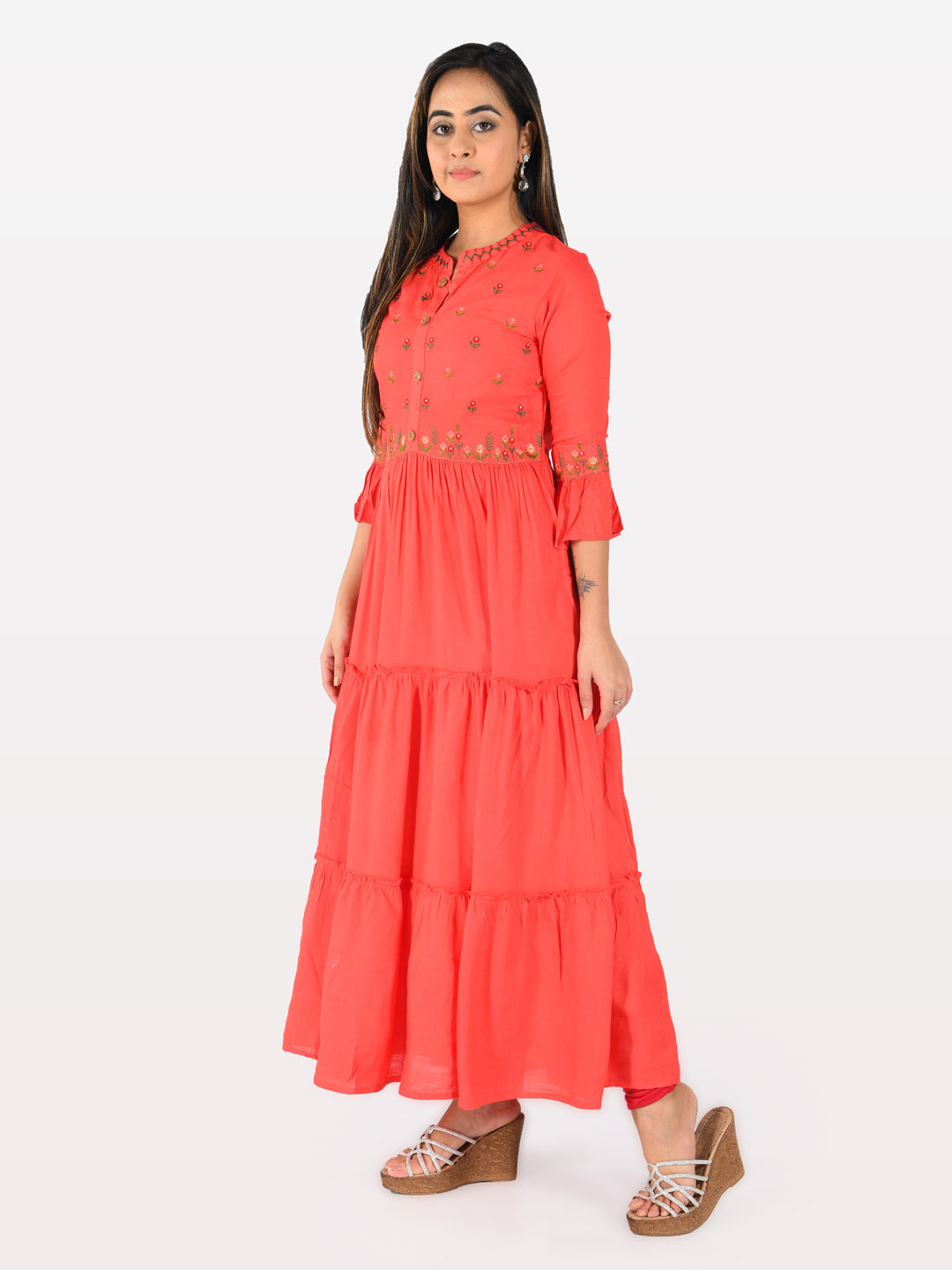 Neerus Red Rayon Embroidered Flared Kurta - detail view 2