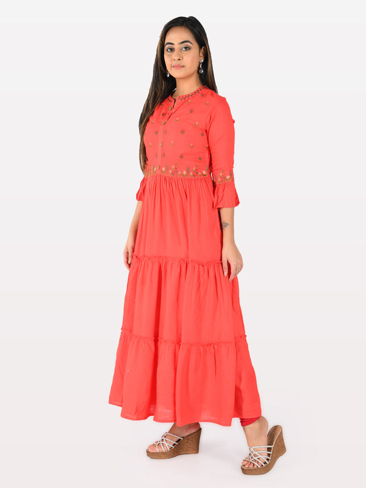 Neerus Red Rayon Embroidered Flared Kurta - detail view 2