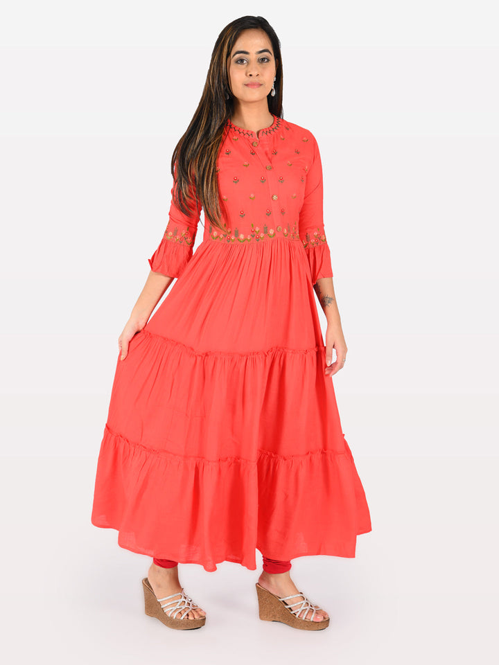 Neerus Red Rayon Embroidered Flared Kurta - back view