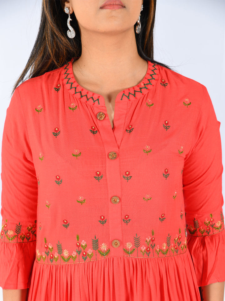 Neerus Red Rayon Embroidered Flared Kurta - side view