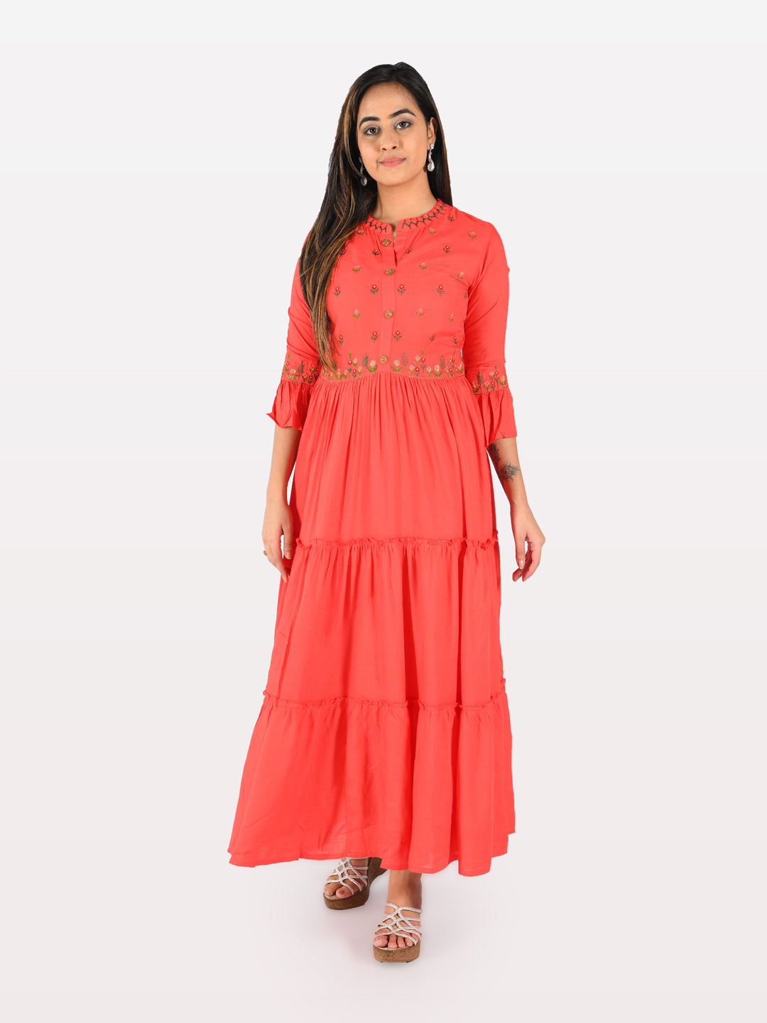 Neerus Red Rayon Embroidered Flared Kurta - detail view 1