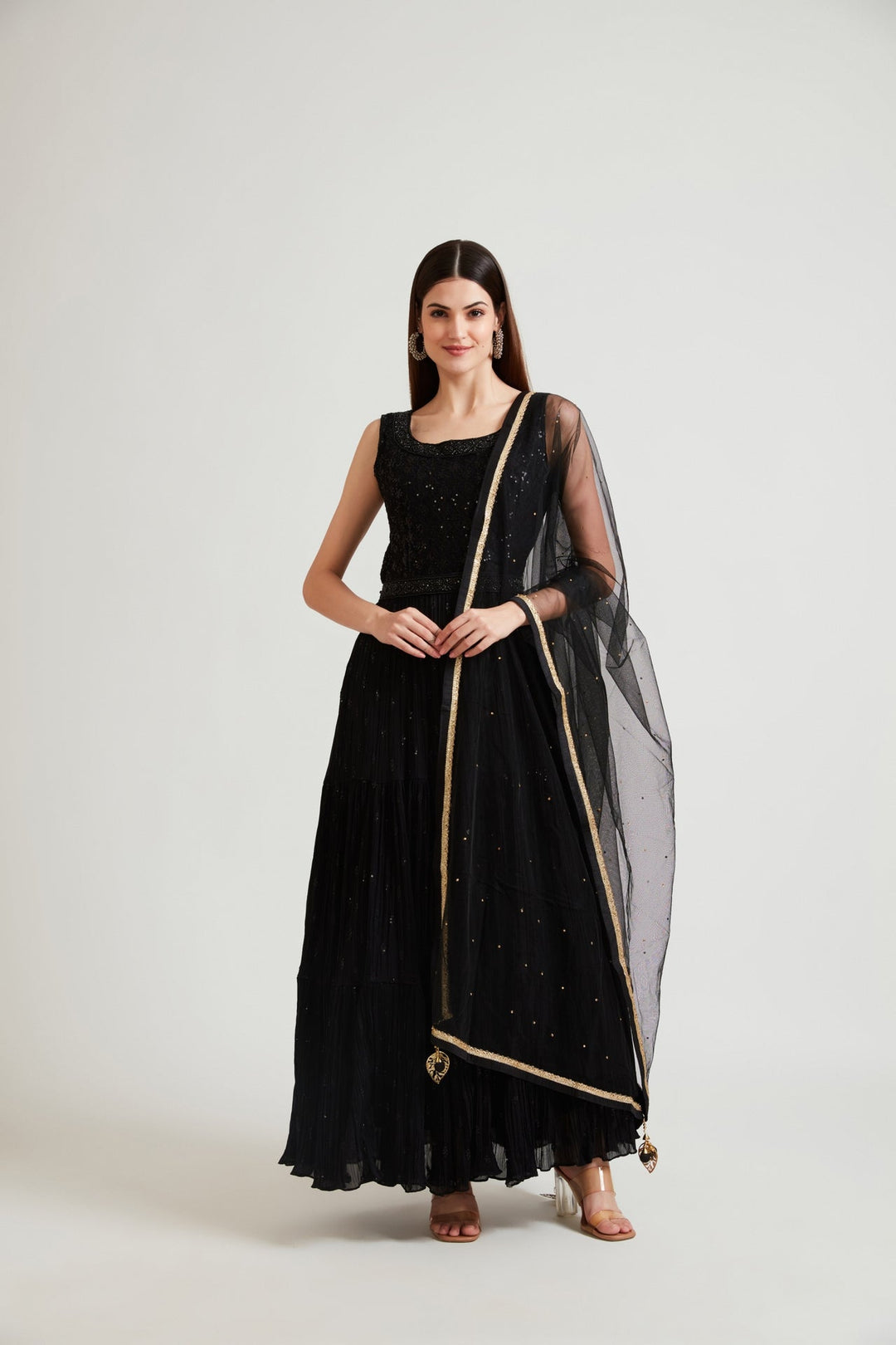 Neerus Black georgette maxi gown - front view