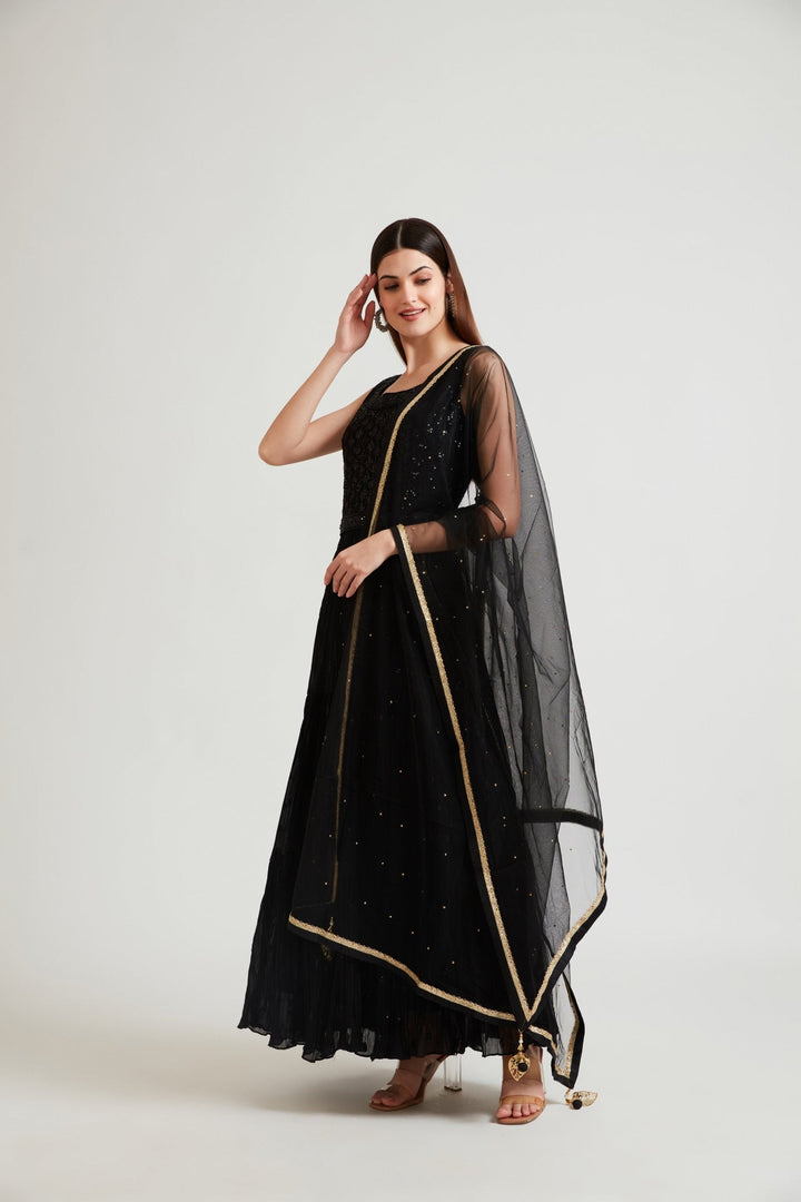 Neerus Black georgette maxi gown - back view