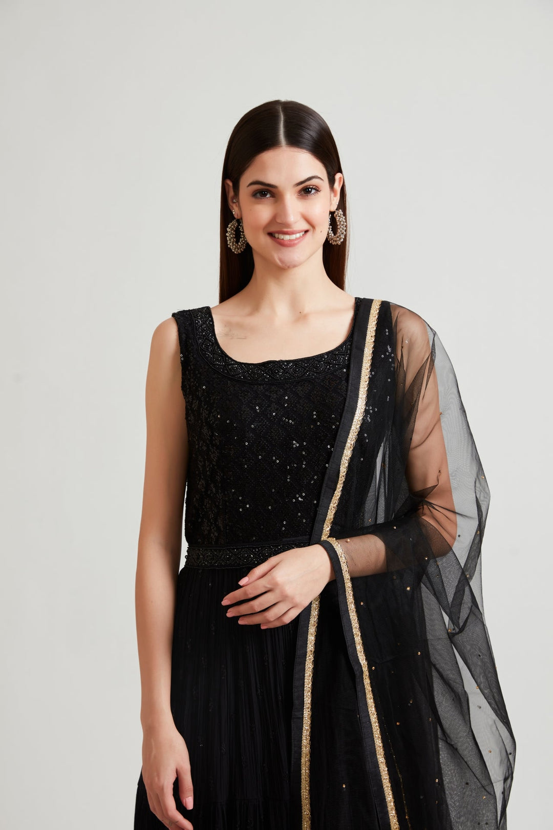 Neerus Black georgette maxi gown - detail view 1
