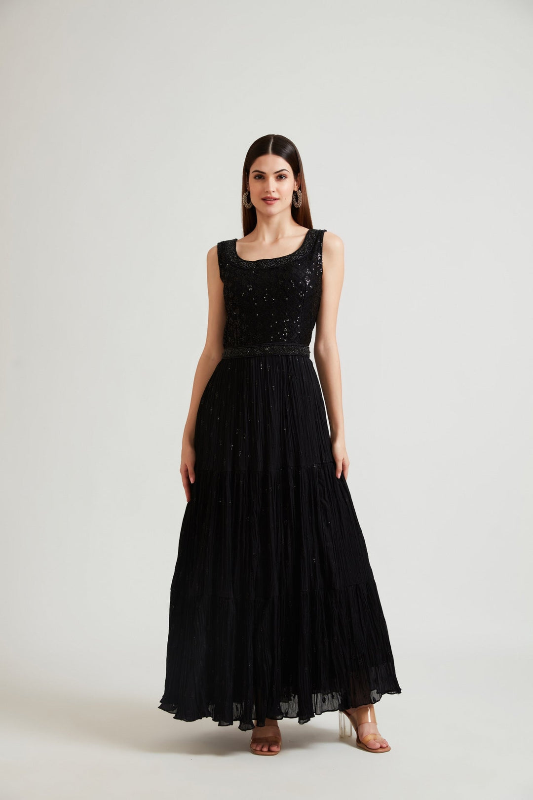 Neerus Black georgette maxi gown - detail view 2