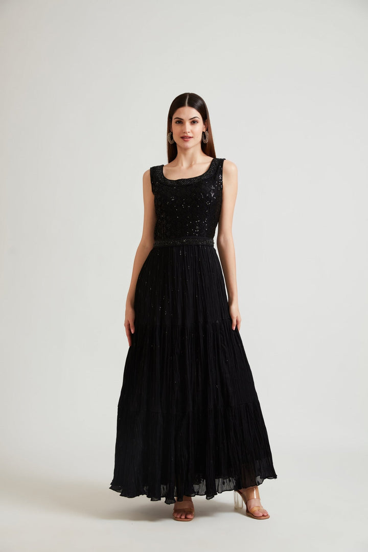 Neerus Black georgette maxi gown - detail view 2