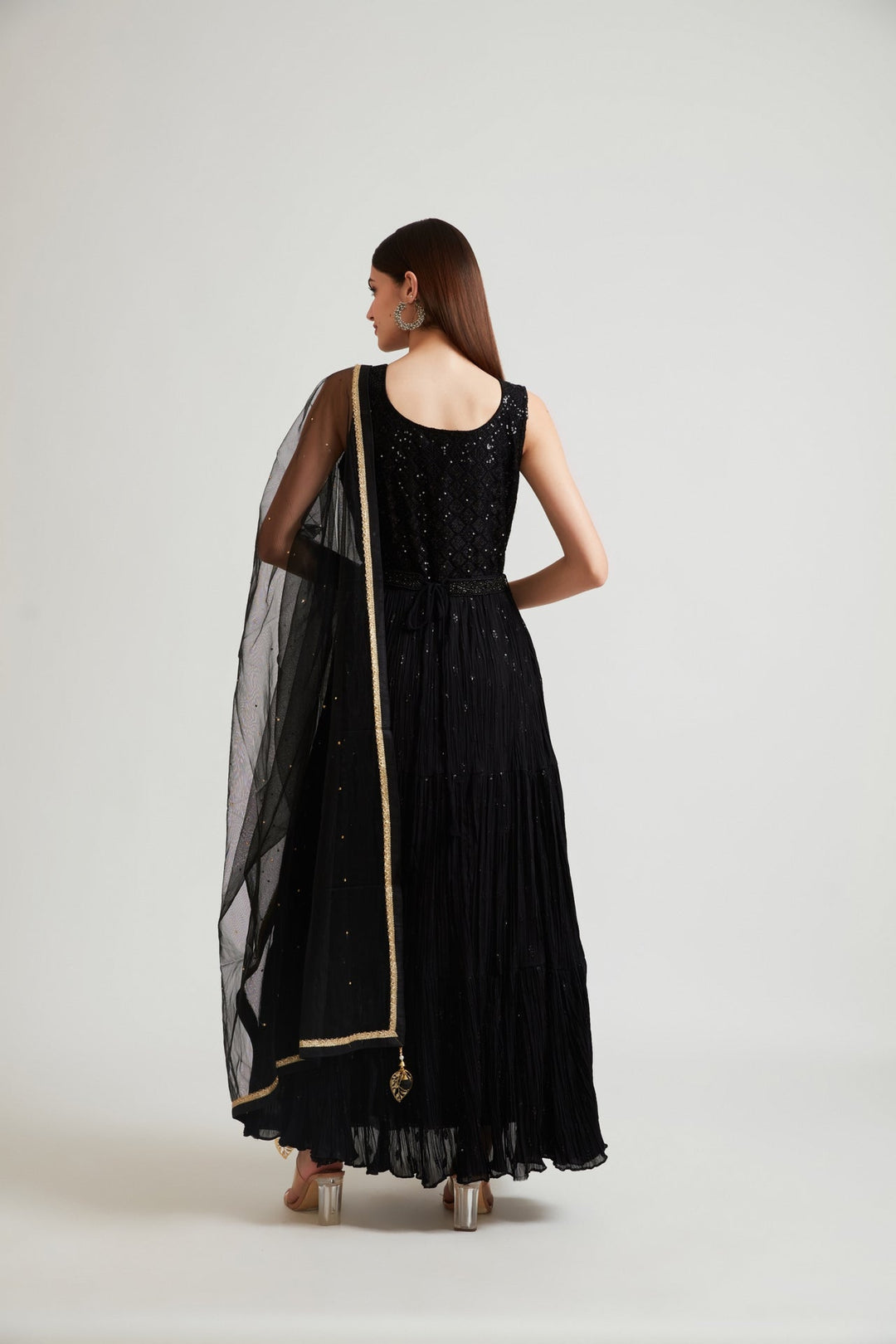 Neerus Black georgette maxi gown - side view