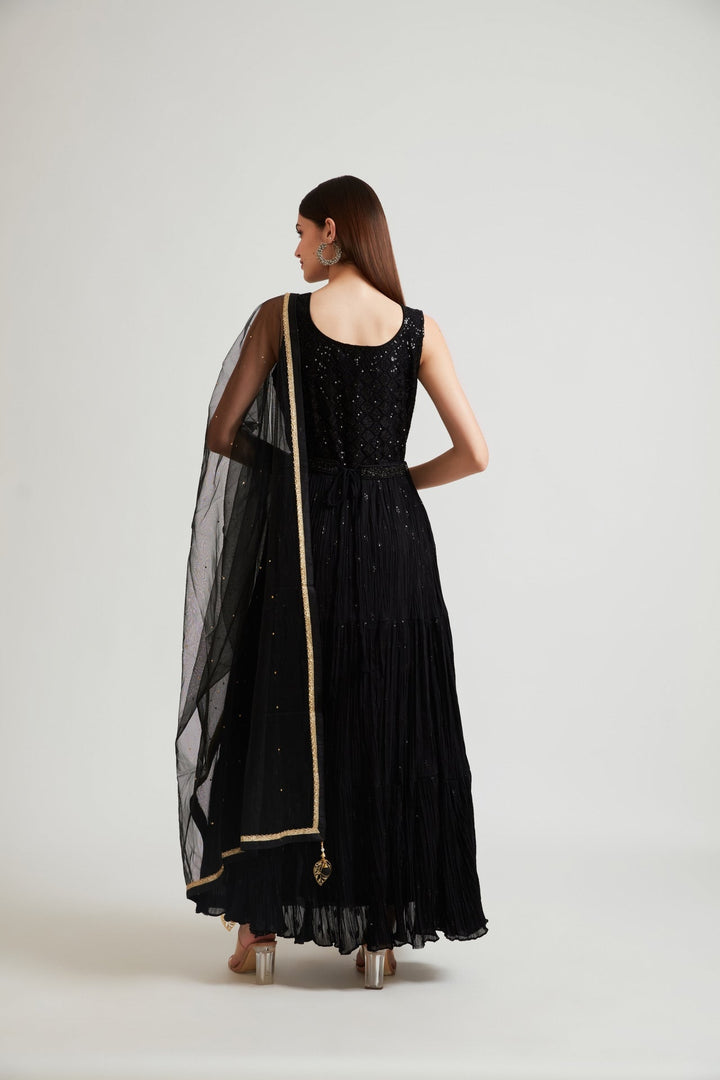 Neerus Black georgette maxi gown - side view