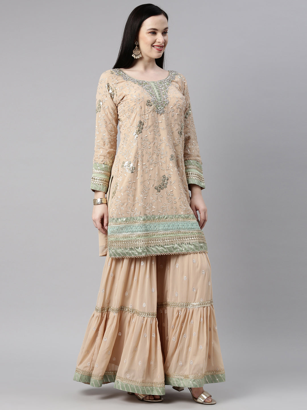 Neerus Green georgette kurta set - detail view 6