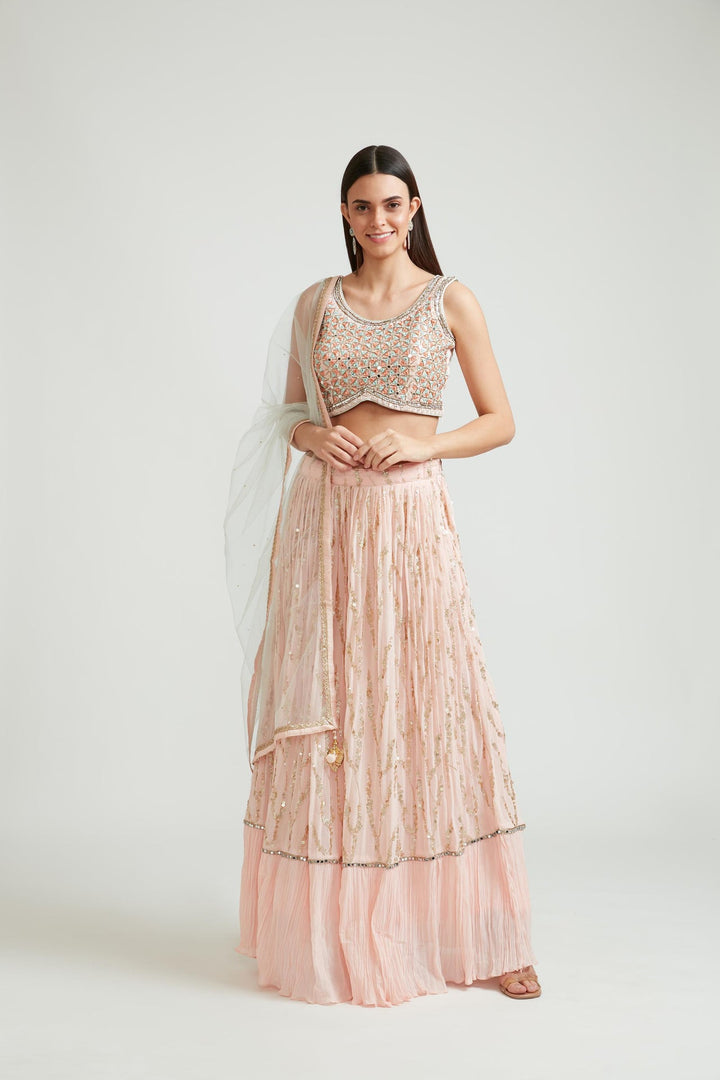 Neerus Orange georgette embellished lehenga choli set - front view