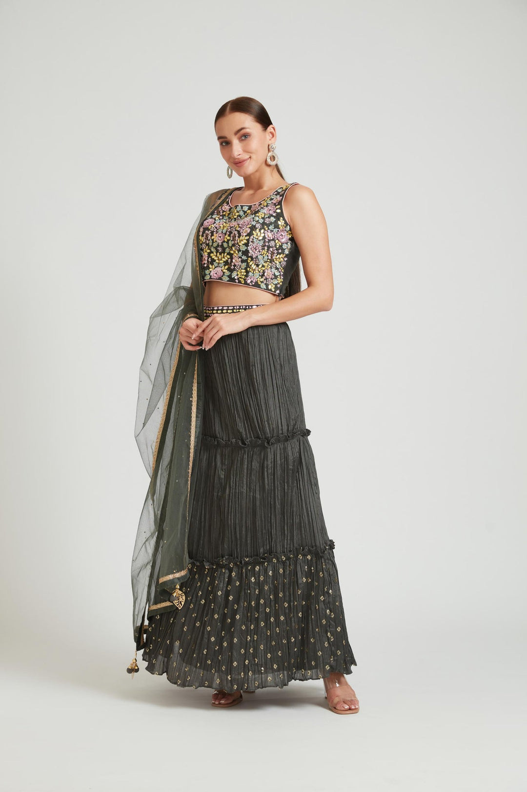 Neerus Grey silk embellished lehenga choli set - front view