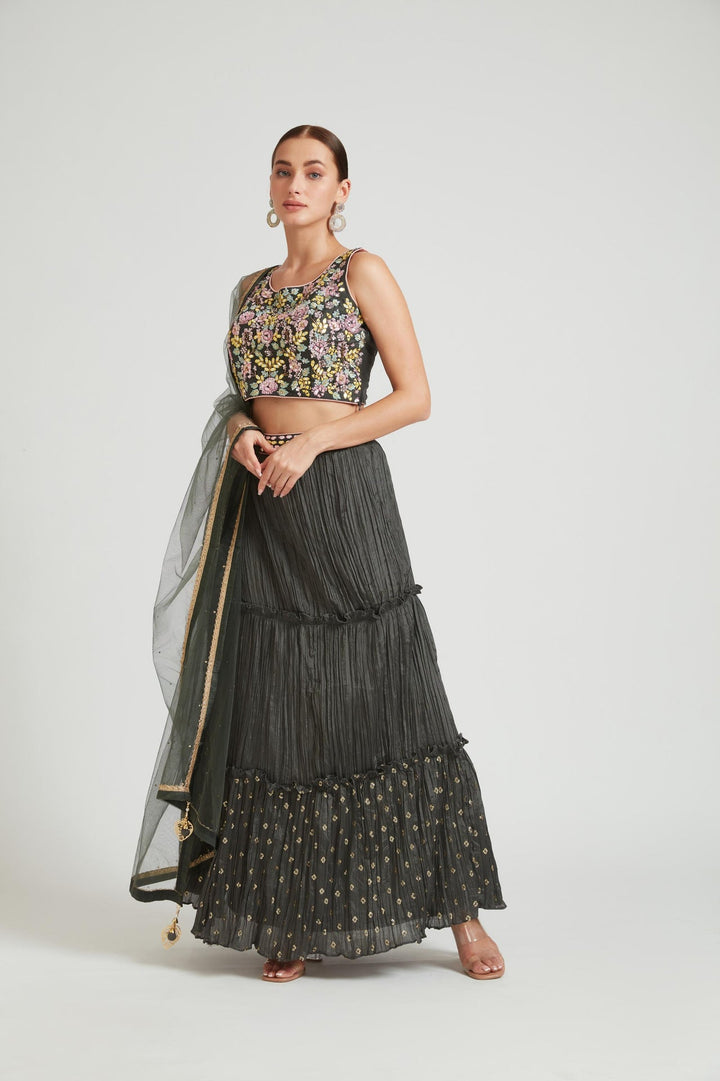 Neerus Grey silk embellished lehenga choli set - back view