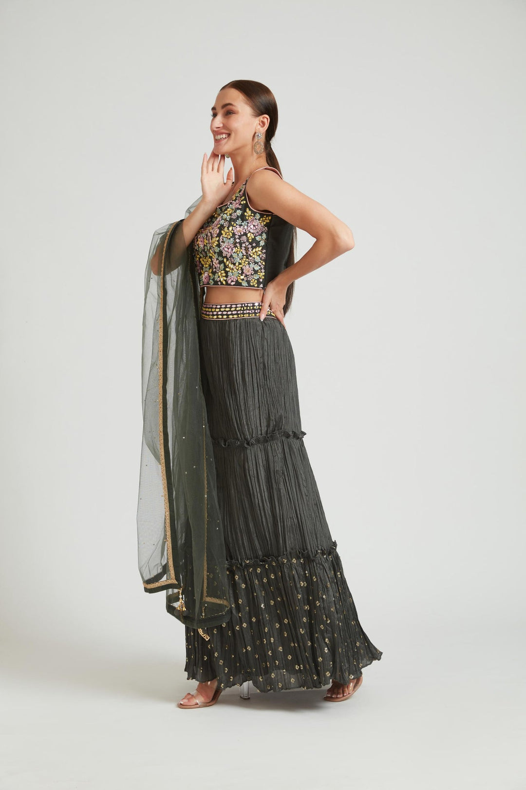 Neerus Grey silk embellished lehenga choli set - side view