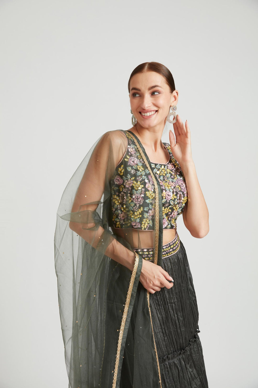 Neerus Grey silk embellished lehenga choli set - detail view 1