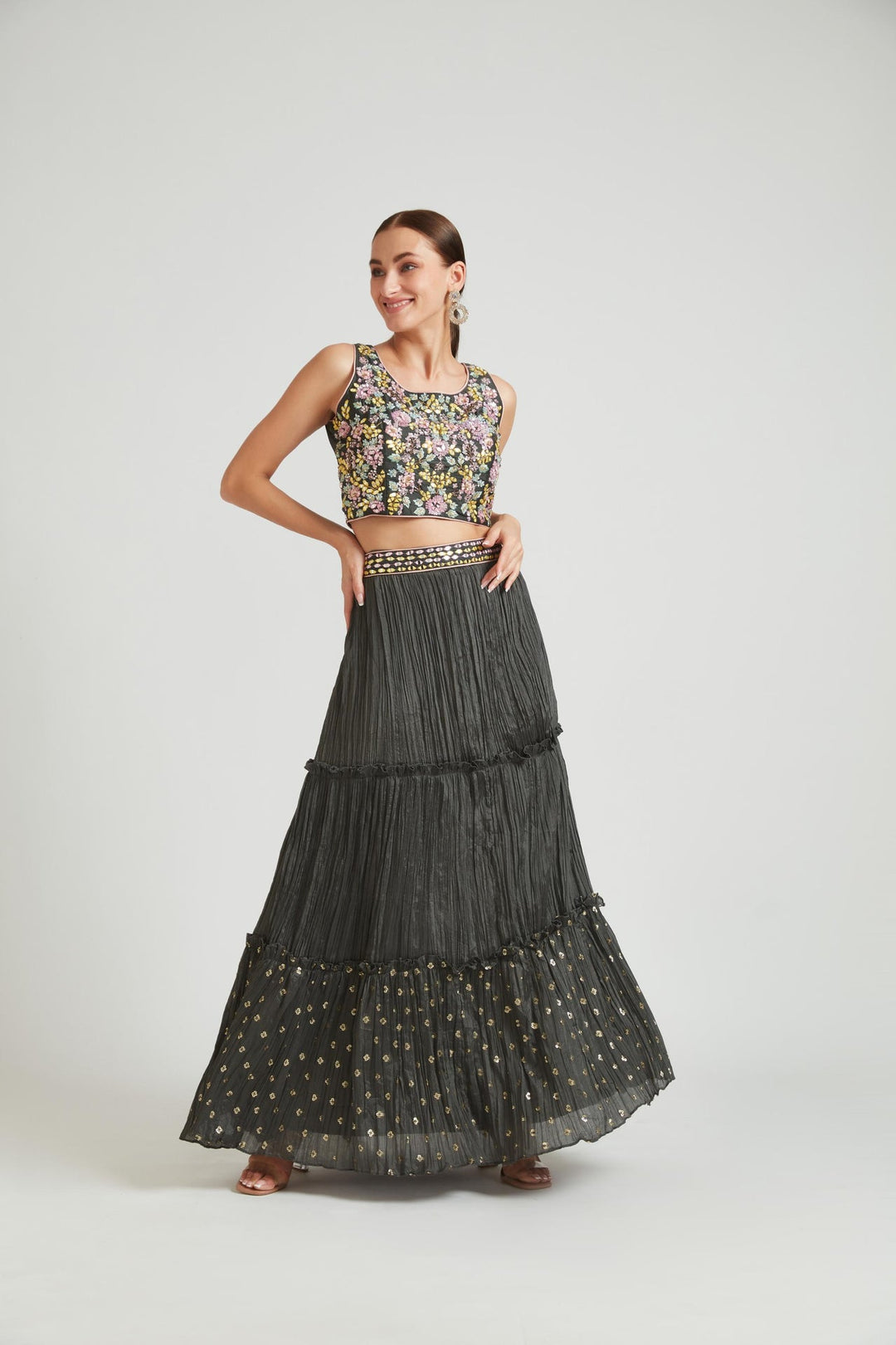 Neerus Grey silk embellished lehenga choli set - detail view 2