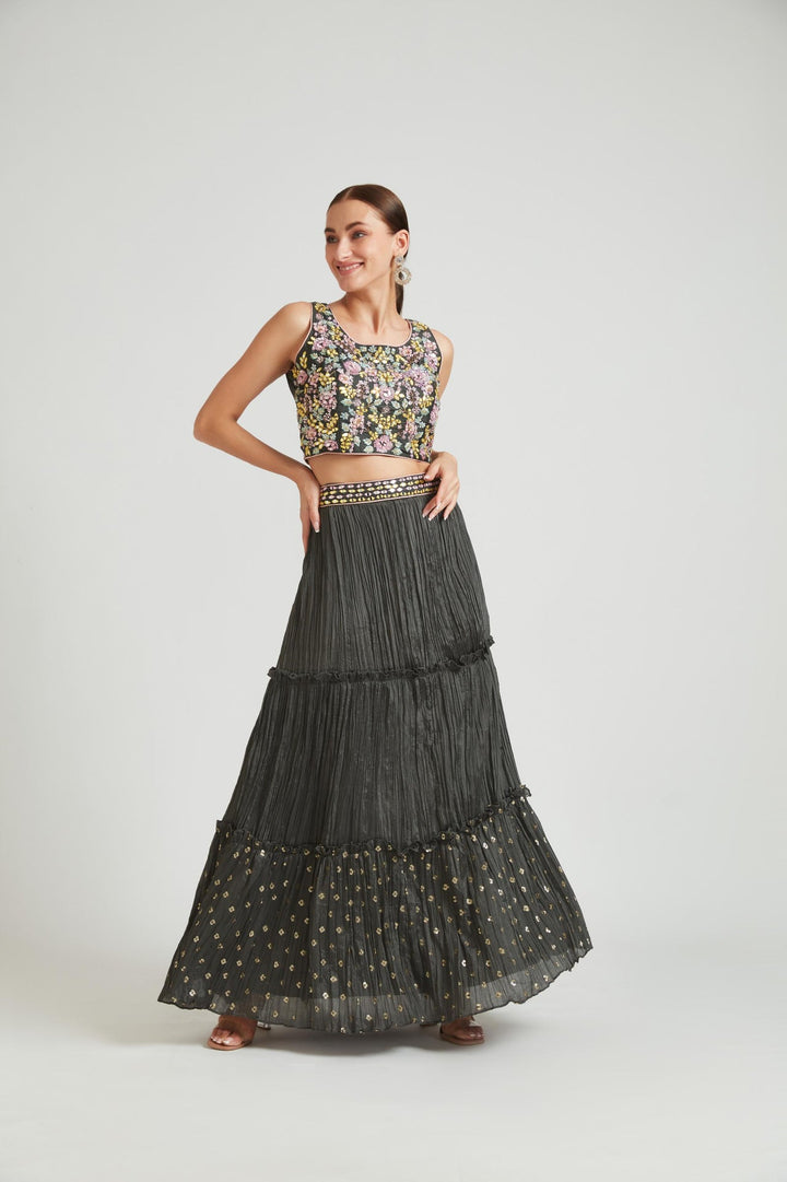 Neerus Grey silk embellished lehenga choli set - detail view 2
