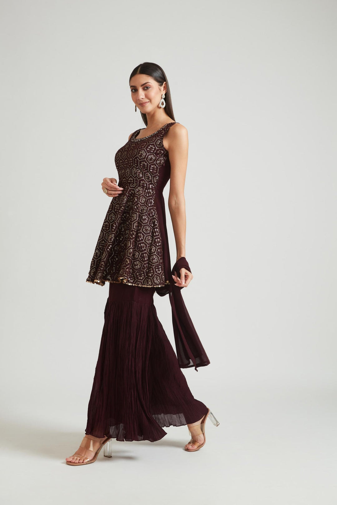 Neerus Brown georgette printed kurta set - back view